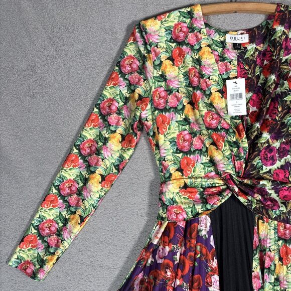 Delfi Collective Rita Mixed Print Pleated Twist Midi Dress Size S Ditsy Artsy - Picture 7 of 16